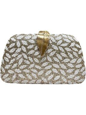 〽️Women Gold White Metallic Leave Clasp Banquet Elegant Clutch Purse Evening Bag